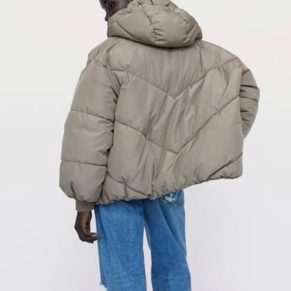 Zara Puffer Short Cropped Nude Taupe Puffer Hooded Winter Jacket Coat - Picture 3 of 6